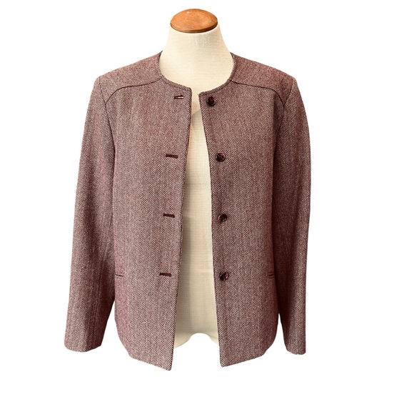 VINTAGE WOOL LADY JACKET ASTOR ONE BURGUNDY MAROON HERRINGBONE WINTER BLAZER - Picture 3 of 13